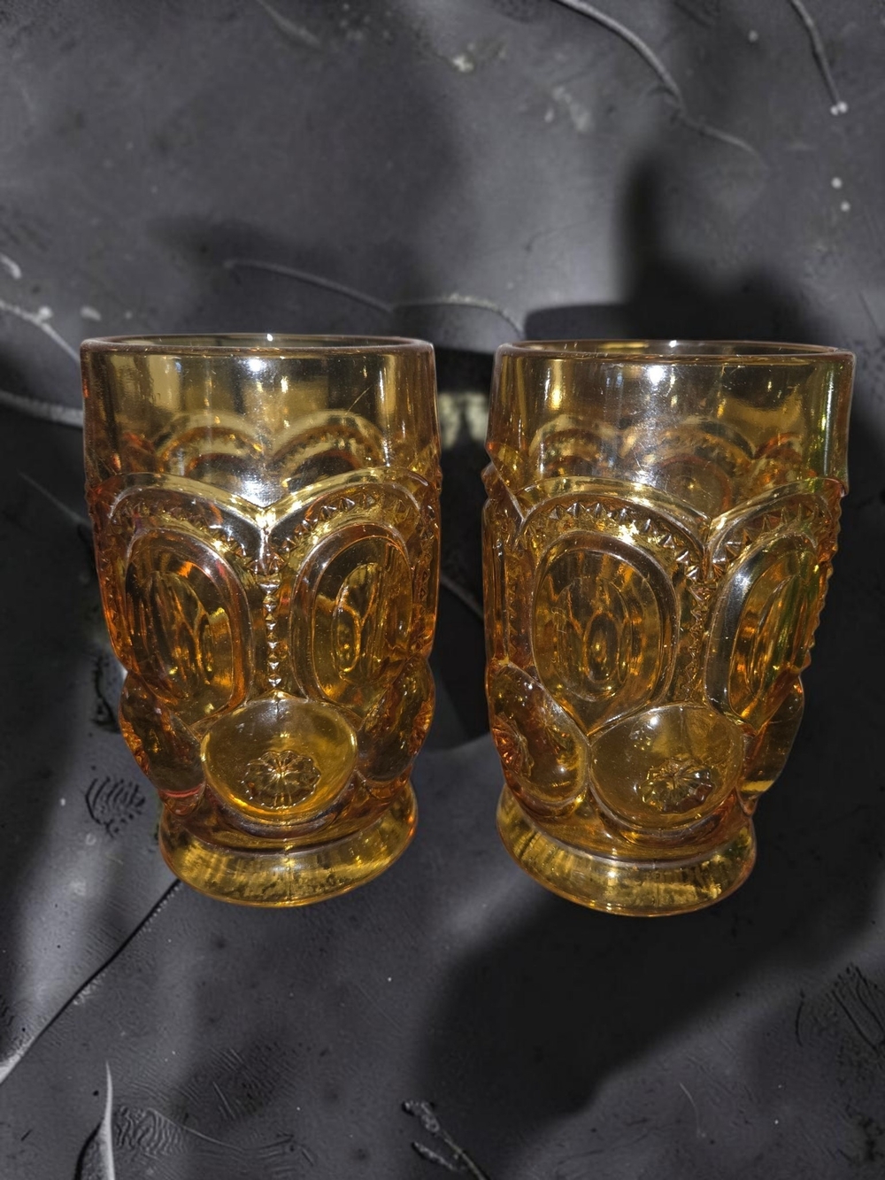 Pair of Amber-Color Pressed Glass Tumblers - Decorative Drinkware